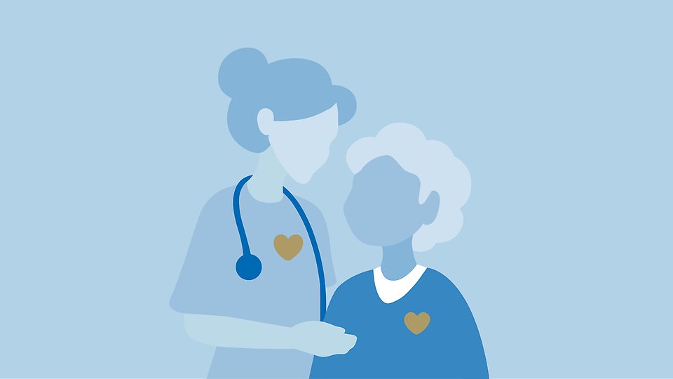 En illustration på en undersköterska och en äldre kvinna, deras hjärtan är synliga i en guldig färg